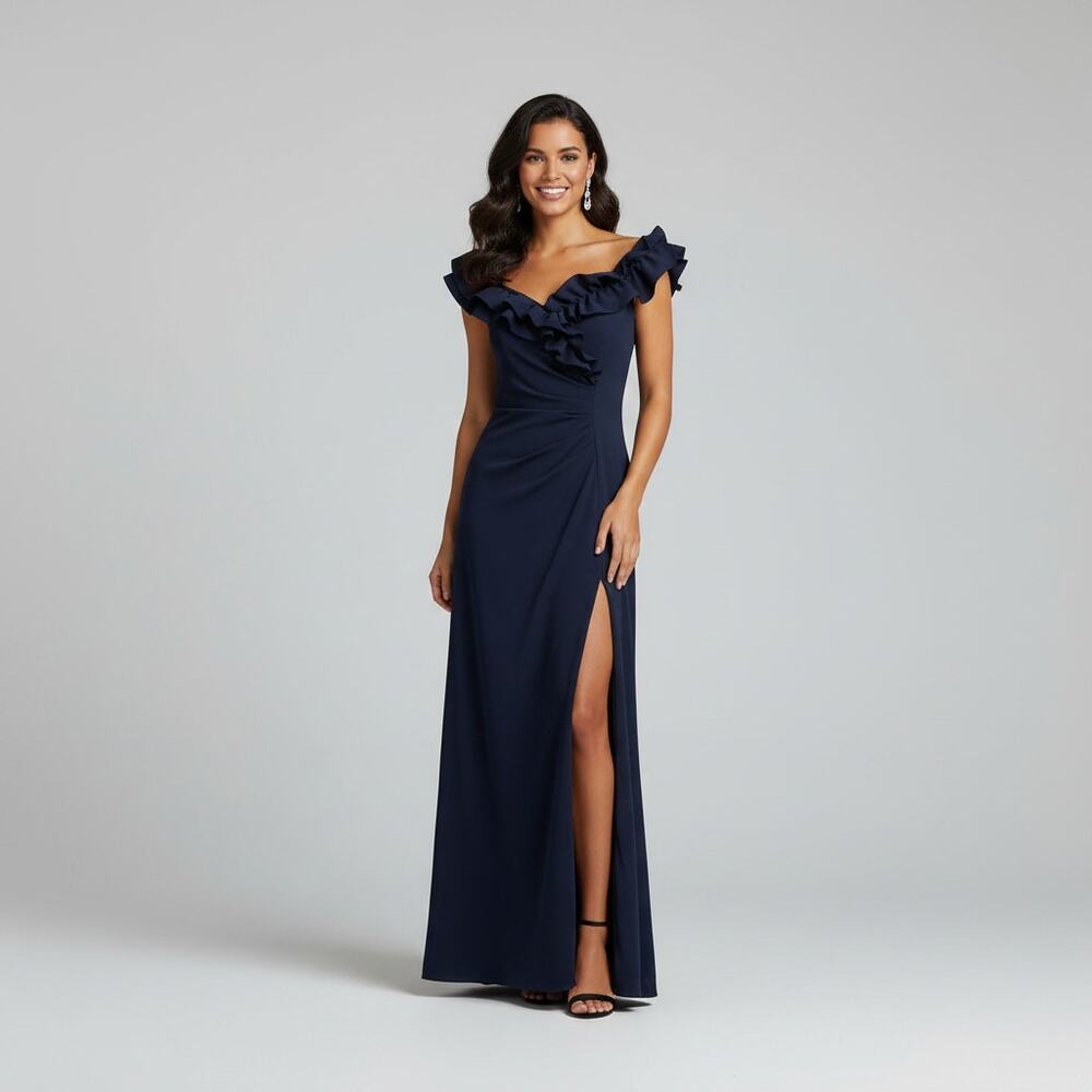 Xscape navy formal dress with ruffles, size 8, NEW WITH TAGS!